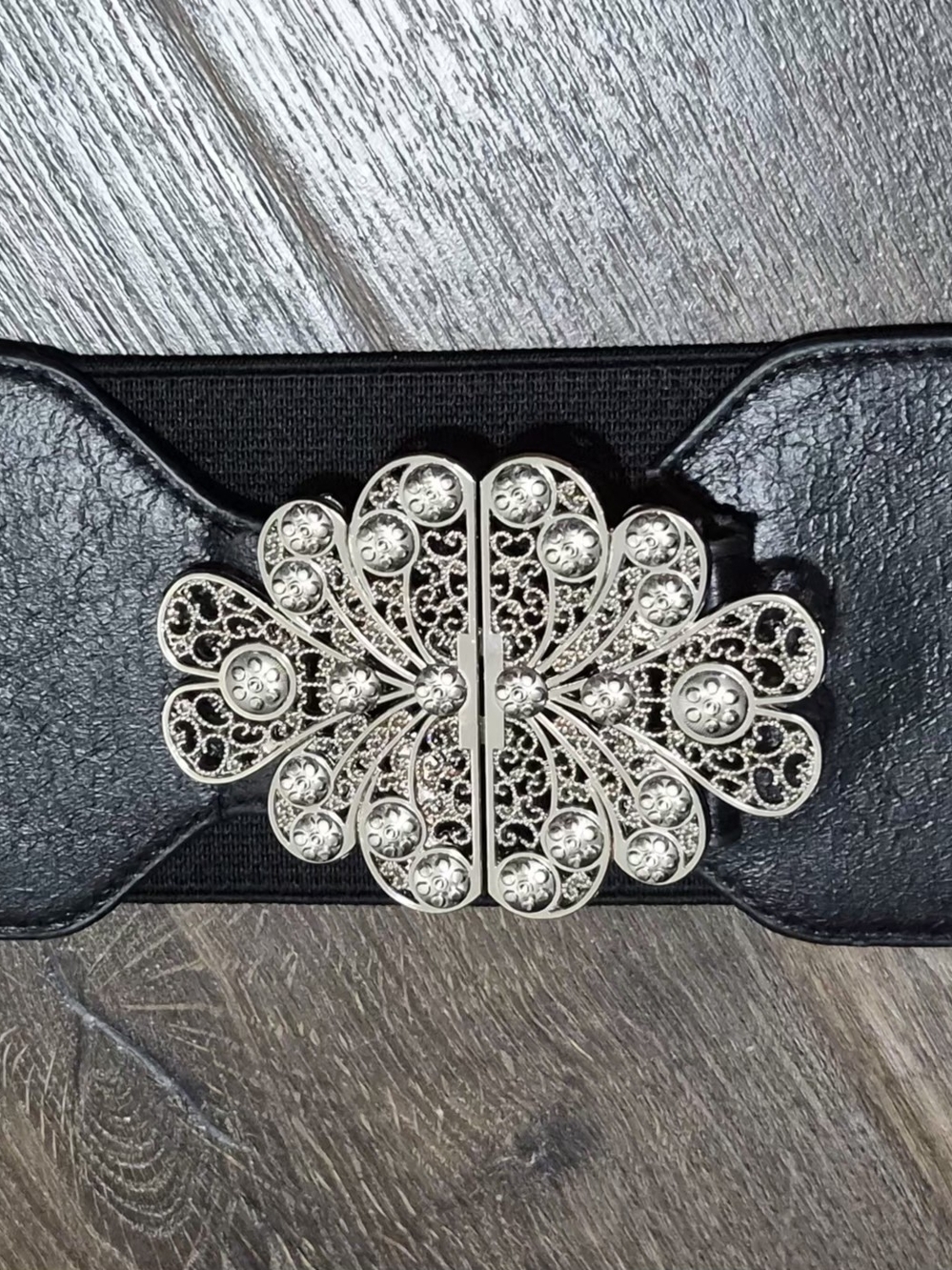 White House Black Market Black Elastic Belt with Ornate Silver Filigree Buckle